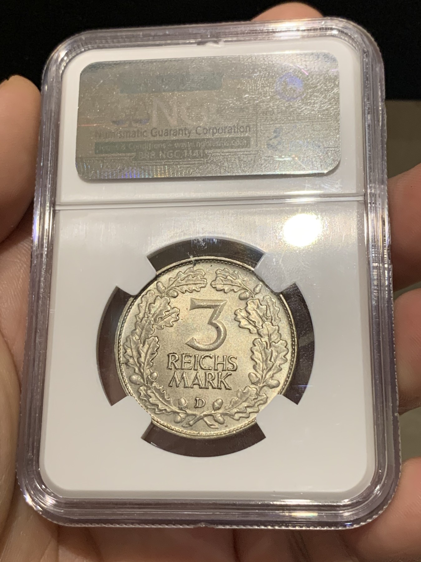 《竞宝斋》第190场-周日，周一 2场 (全场包邮) NGC-MS66 德国魏玛时期 1925 莱茵兰千年 纪念 3马克银币 原味包浆，少见的品种，高分不容易