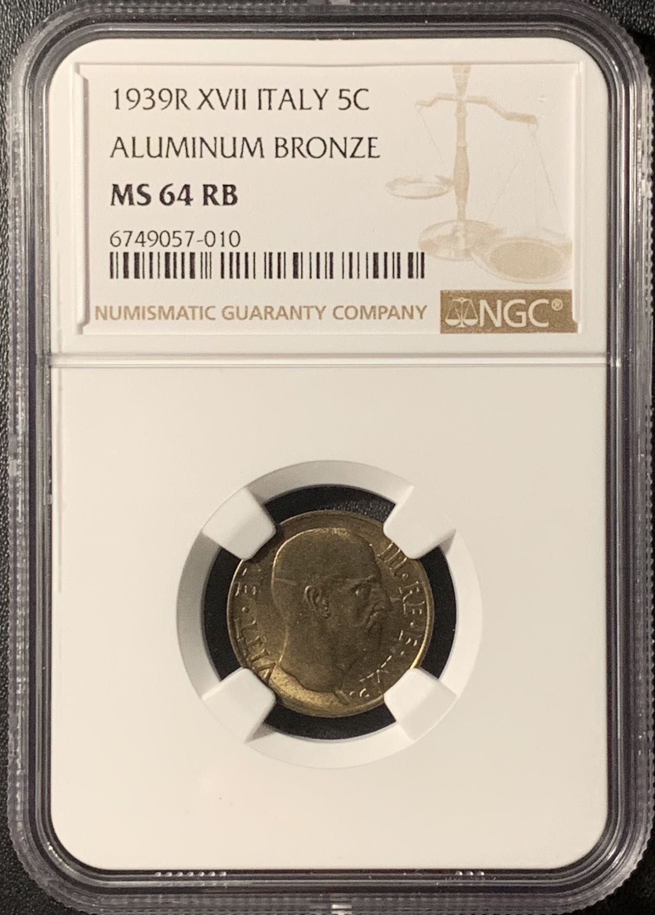紫瑗钱币——第296期拍卖 意大利 1939年 伊曼纽尔三世 5分 铜币 NGC MS64 BN