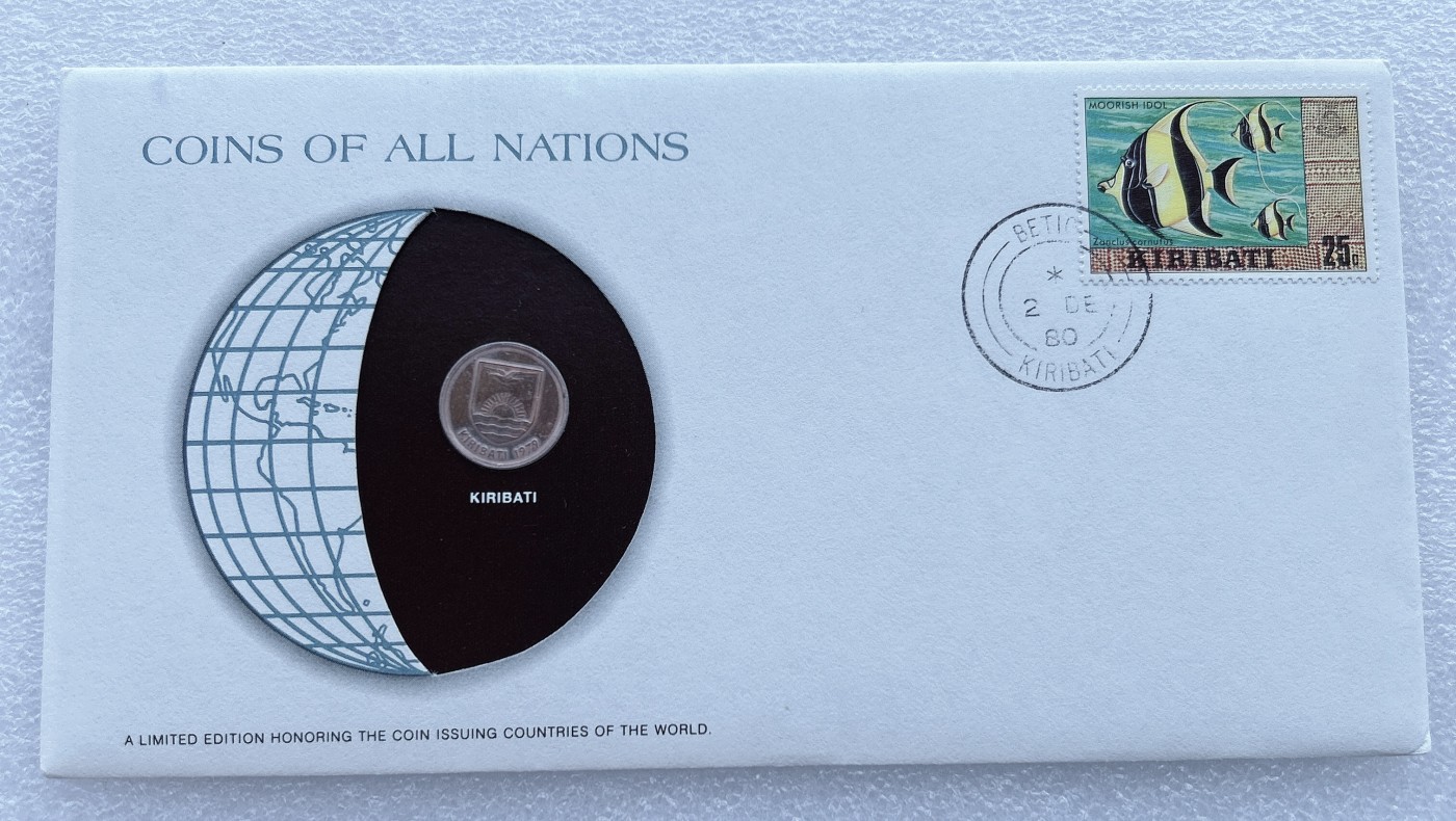 全场一元起拍 富兰克林世界钱币系列-邮币封 第16期 基里巴斯1979年1分硬币邮票纪念封 紫铜币