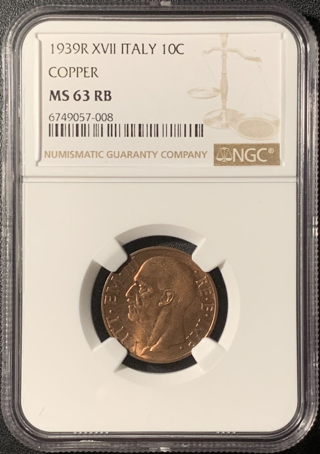 紫瑗钱币——第296期拍卖 意大利 1939年 伊曼纽埃三世 10分 铜币 NGC MS63 RB