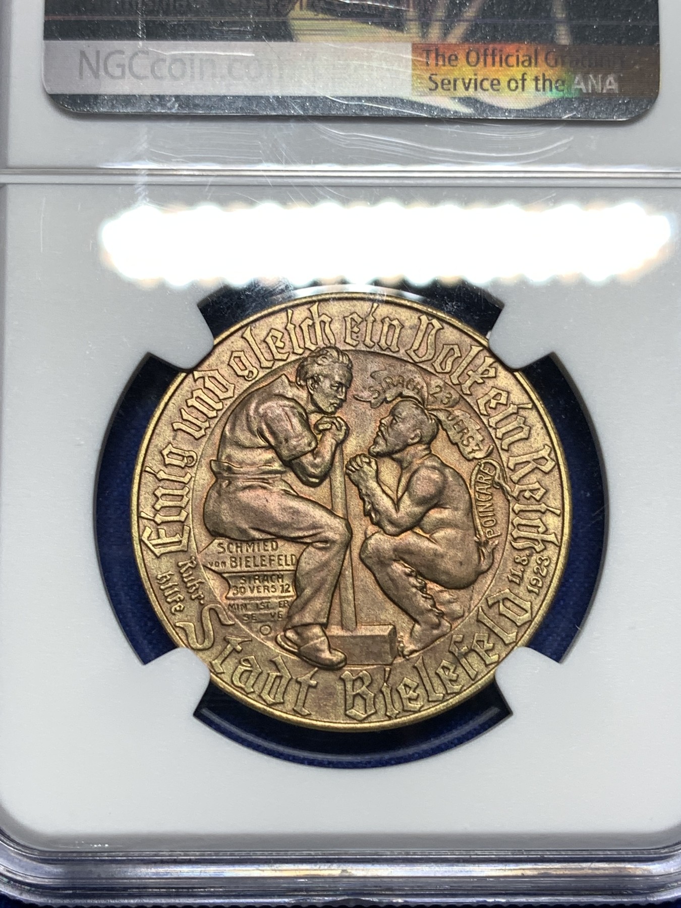 《竞宝斋》第190场-周日，周一 2场 (全场包邮) NGC-MS63   德国1923德紧彼勒菲尔德 1金马克  镀金铜币