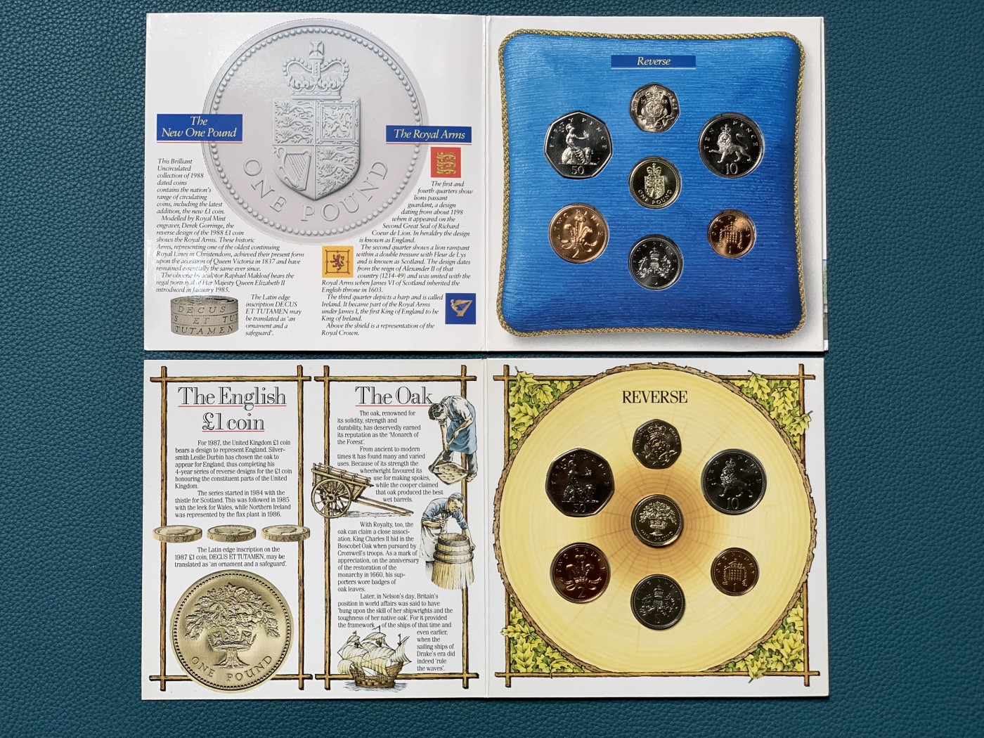 《竞宝斋》第190场-周日，周一 2场 (全场包邮) 英国1985、1987、1988年流通硬币7枚硬塑套装及卡册三本，各带不同版本1英镑