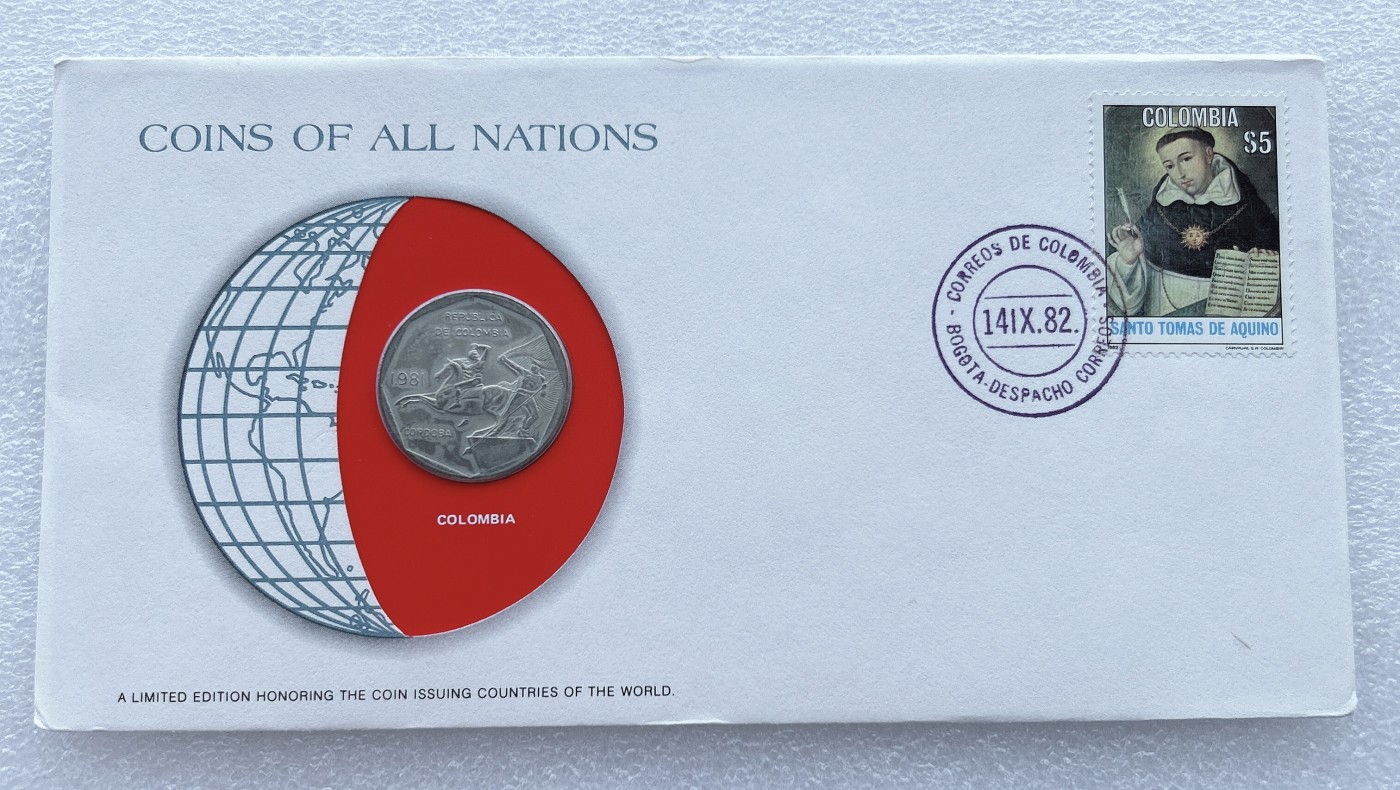 全场一元起拍 富兰克林世界钱币系列-邮币封 第16期 哥伦比亚1981年10比索硬币 邮票首日封