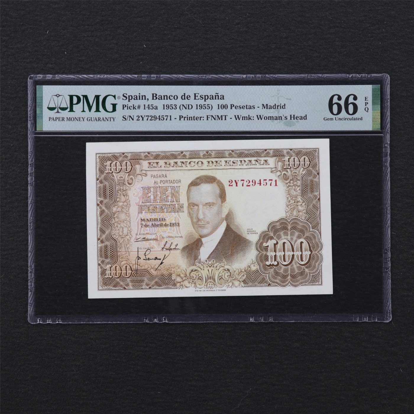【亘邦集藏】第168期拍卖 1953年 西班牙100比塞塔 PMG 66EPQ 7294571