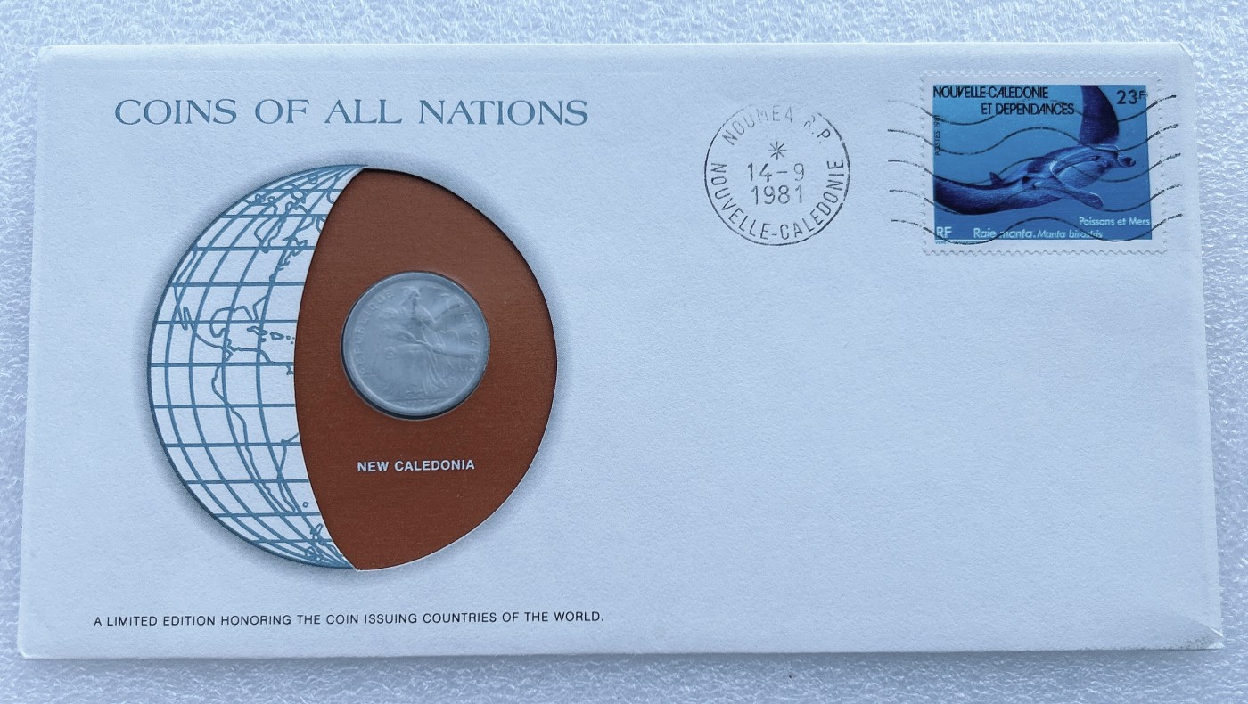 全场一元起拍 富兰克林世界钱币系列-邮币封 第16期 喀里多尼亚1977年1法郎硬币邮票首日封