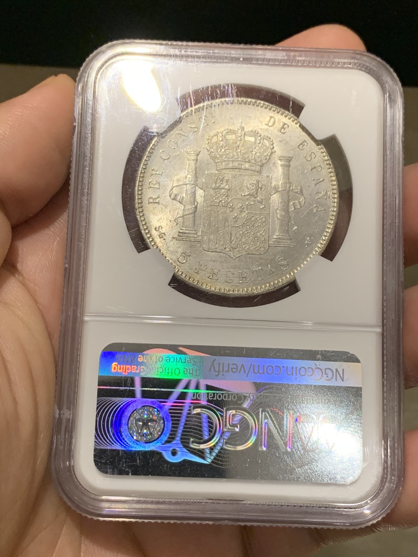 《竞宝斋》第190场-周日，周一 2场 (全场包邮) NGC-MS62 西班牙 双柱 1898 SGV 阿方索十三世 5比塞塔银币