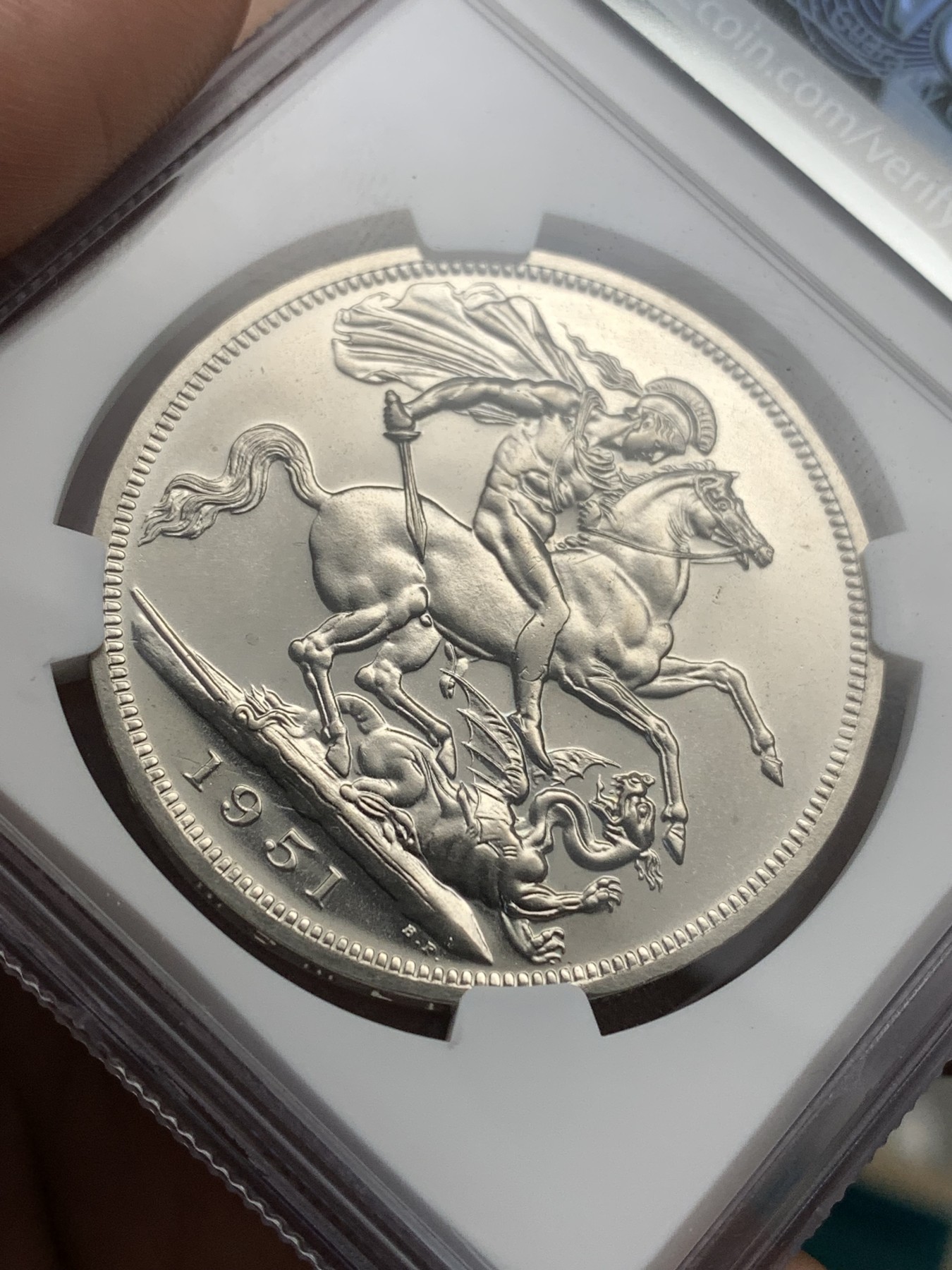 《竞宝斋》第190场-周日，周一 2场 (全场包邮) NGC-PL63 英国 1951年 1克朗 乔治六世 最后的马剑 PL底板 品相好 非常靓