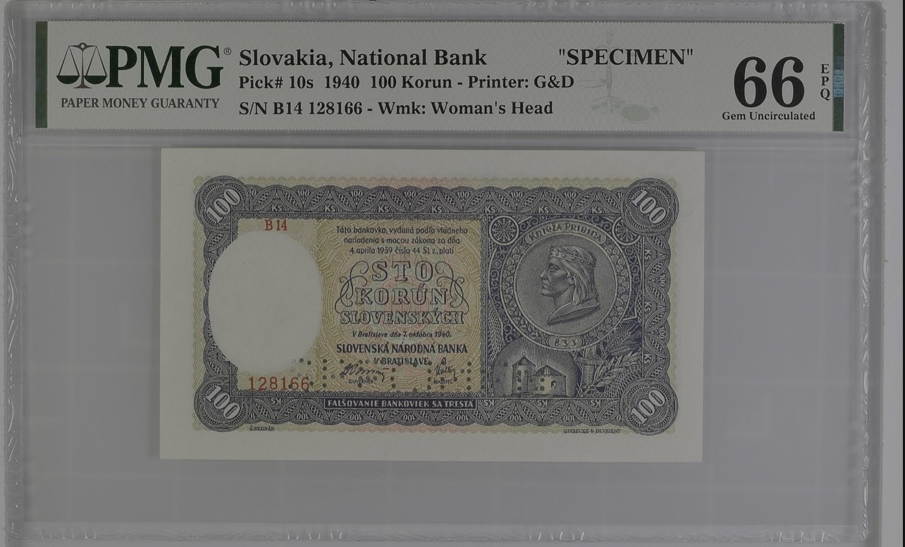 乐淘淘纸币精选 第15期 周五周六连拍第二场 【B14 128166】斯洛伐克1940年纸币 100克朗 稀少样钞 PMG66EPQ 季军分
