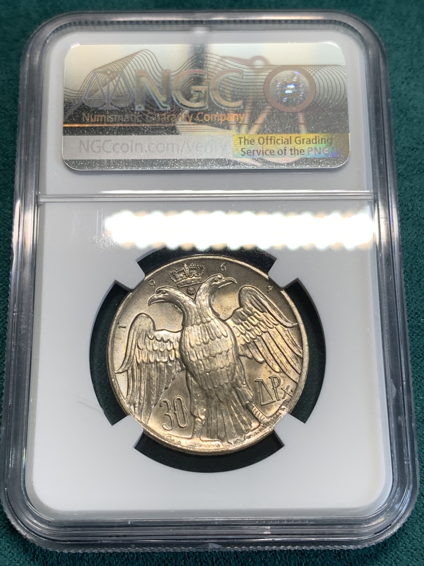 《竞宝斋》第190场-周日，周一 2场 (全场包邮) NGC-MS65 希腊1964国王婚礼30德拉克马银币，小字版