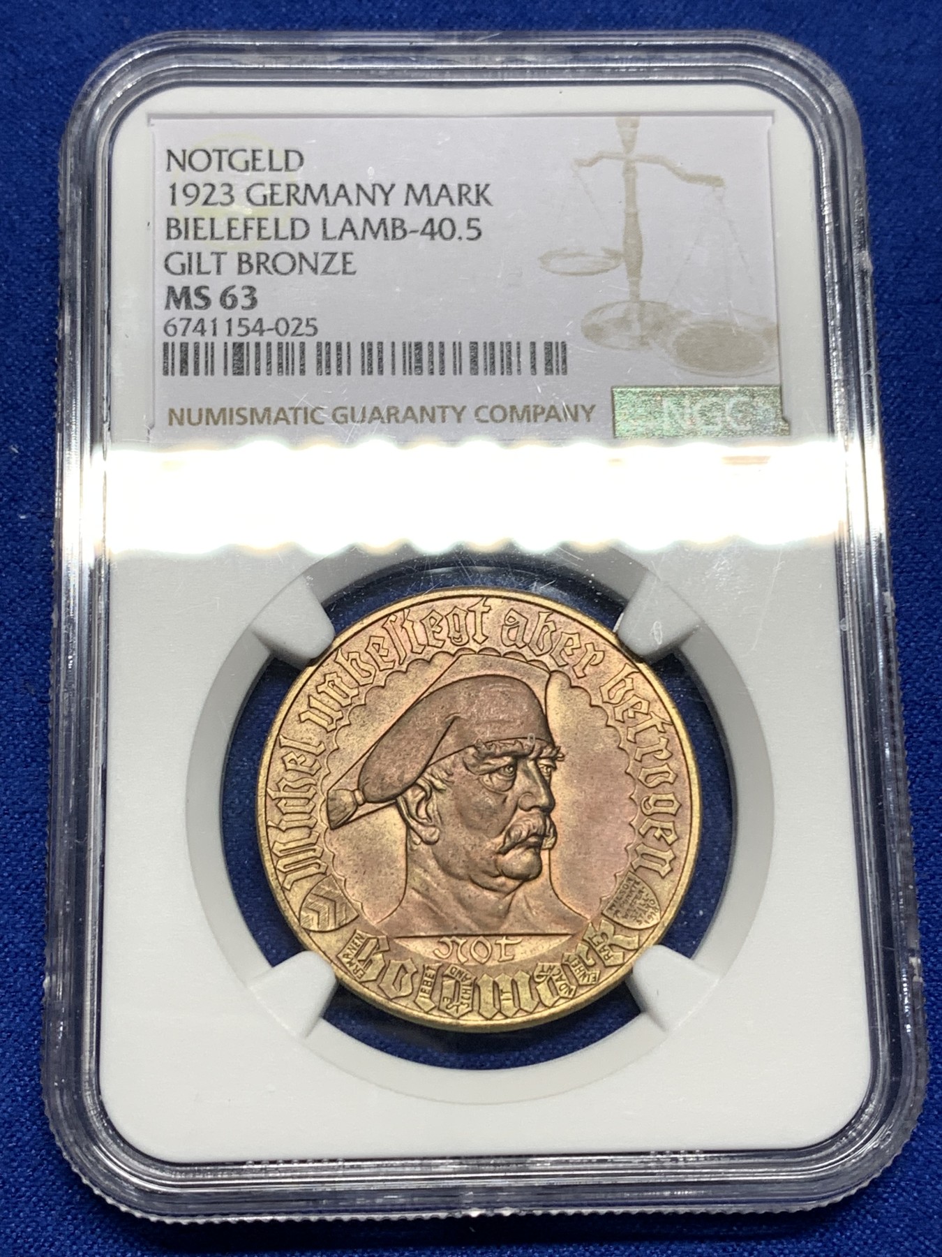 《竞宝斋》第190场-周日，周一 2场 (全场包邮) NGC-MS63   德国1923德紧彼勒菲尔德 1金马克  镀金铜币