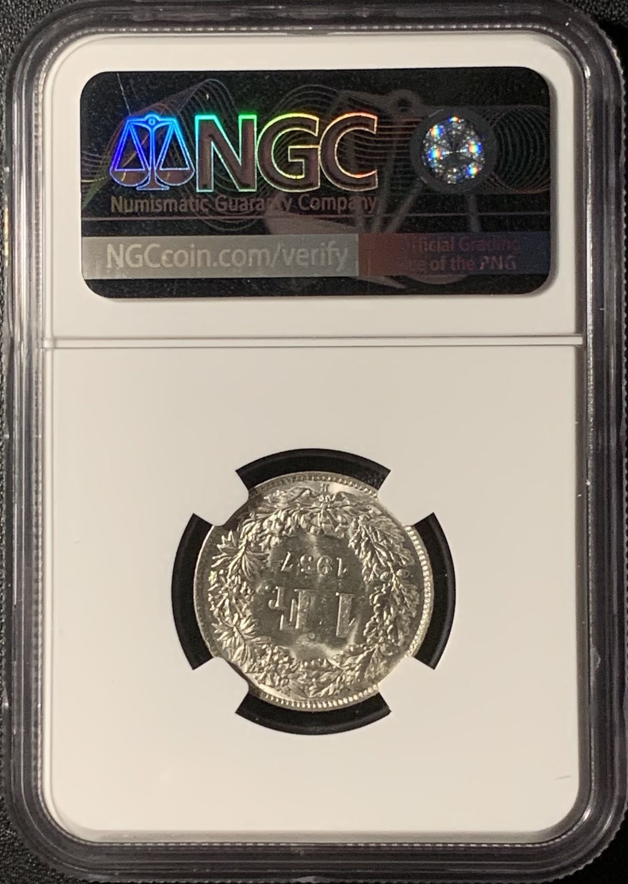 紫瑗钱币——第296期拍卖 瑞士 1957年 赫尔维蒂亚 1法郎 银币 NGC MS63