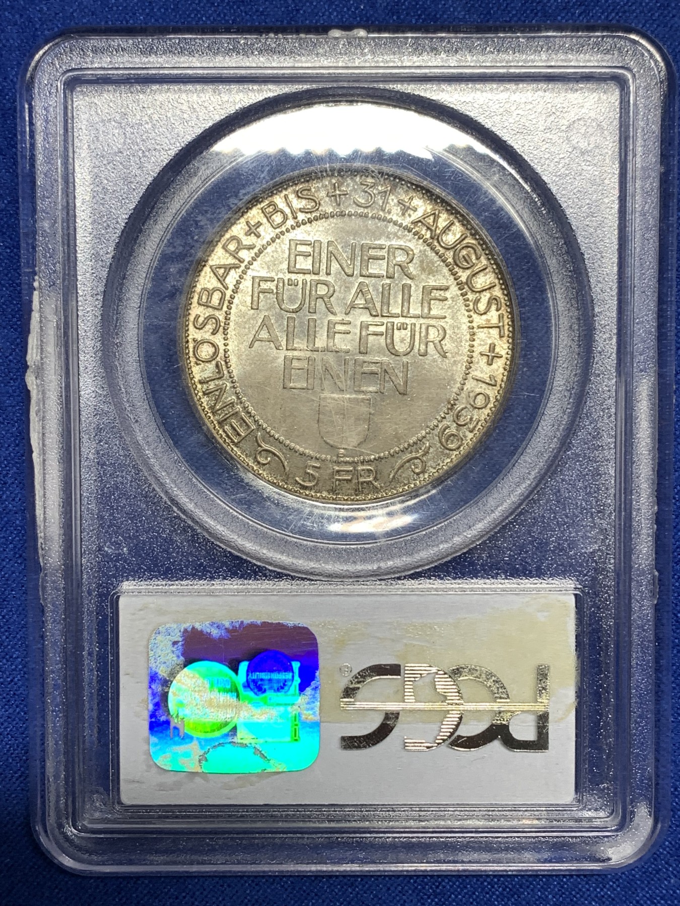 《竞宝斋》第190场-周日，周一 2场 (全场包邮) PCGS-MS66  瑞士1939 射击节银币  5法郎  老盒 发行4万 亚军分 收藏品相 一枚毕业