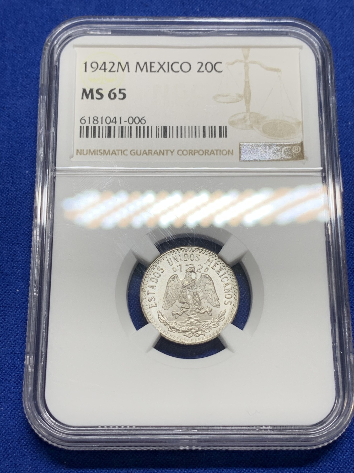 《竞宝斋》第190场-周日，周一 2场 (全场包邮) NGC MS65 墨西哥1942M鹰洋20分银币