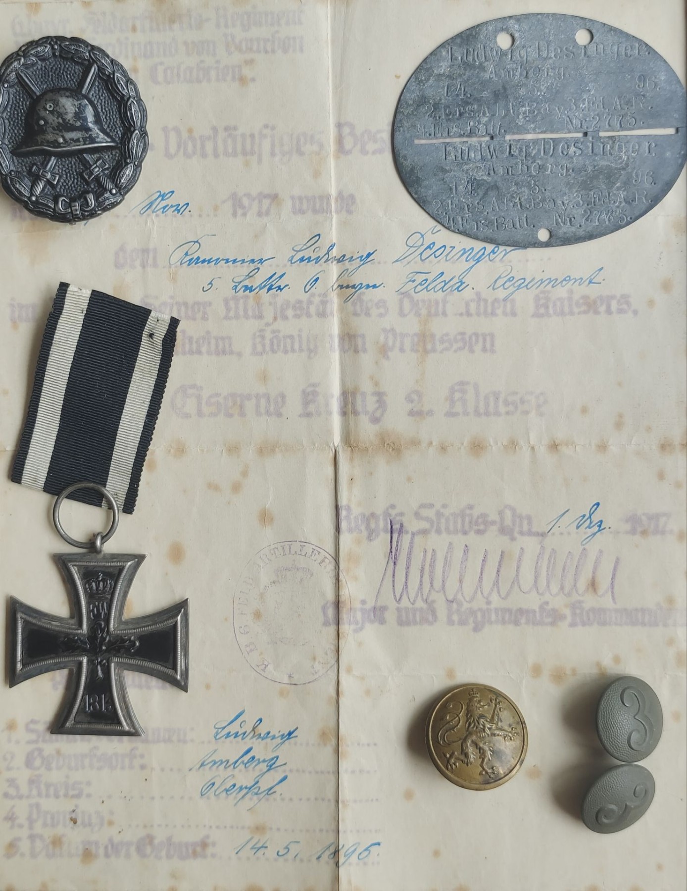 老威廉第四次麦稀奇拍卖 帝德小套，得主是路德维希·德辛格·安伯格，隶属于德国陆军巴伐利亚第3野战炮团第2补充营第4补充连。带二铁、黑伤、狗牌、二铁证书和15张照片