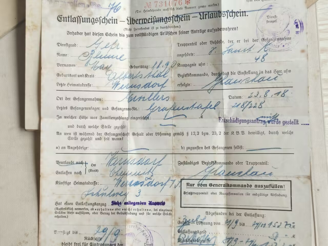 老威廉第四次麦稀奇拍卖 帝德士兵证2 [第104（萨克森第5）“皇太子”步兵团]，获得过二级铁十字+铜级奥古斯特奖章，带退伍文件