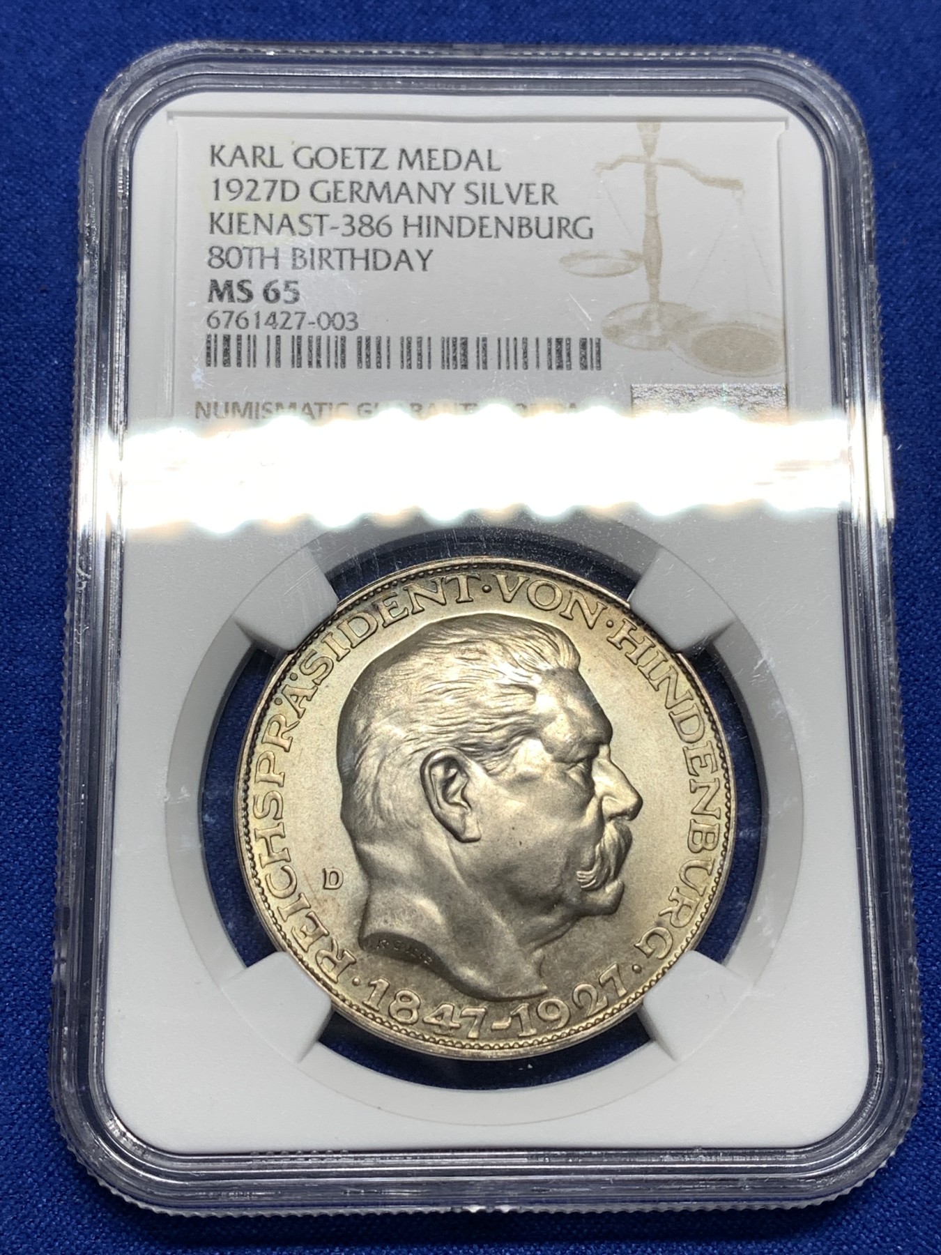 《竞宝斋》第190场-周日，周一 2场 (全场包邮) NGC-MS65 德国 魏玛 兴登堡八十大寿5马克币型银章 卡尔哥茨的经典设计 丝绸转光 淡黄色包浆