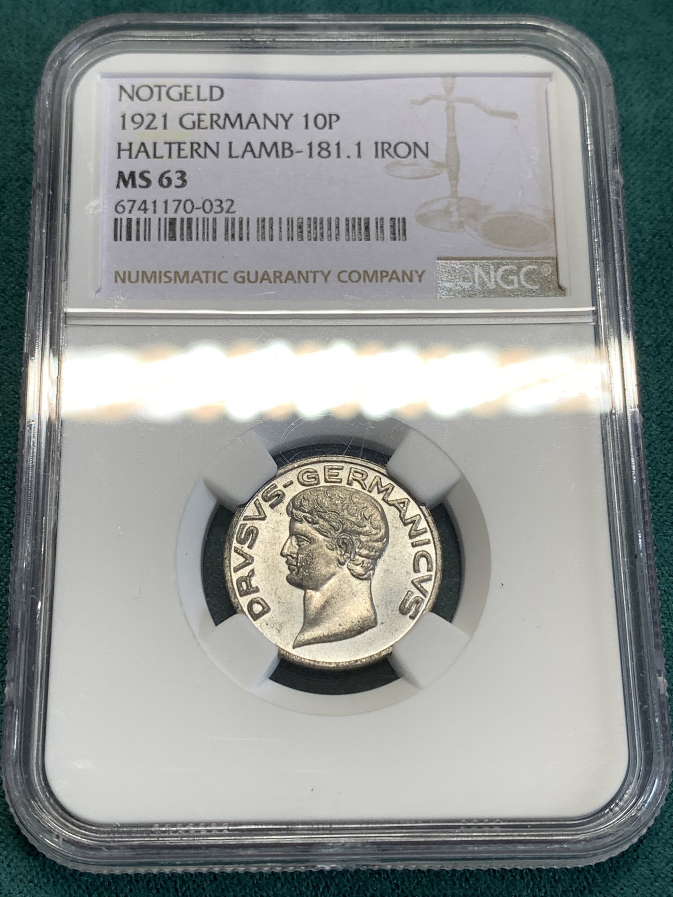 《竞宝斋》第190场-周日，周一 2场 (全场包邮) NGC-MS63   德国1921德紧哈尔腾 10芬妮 铁币  少见品种