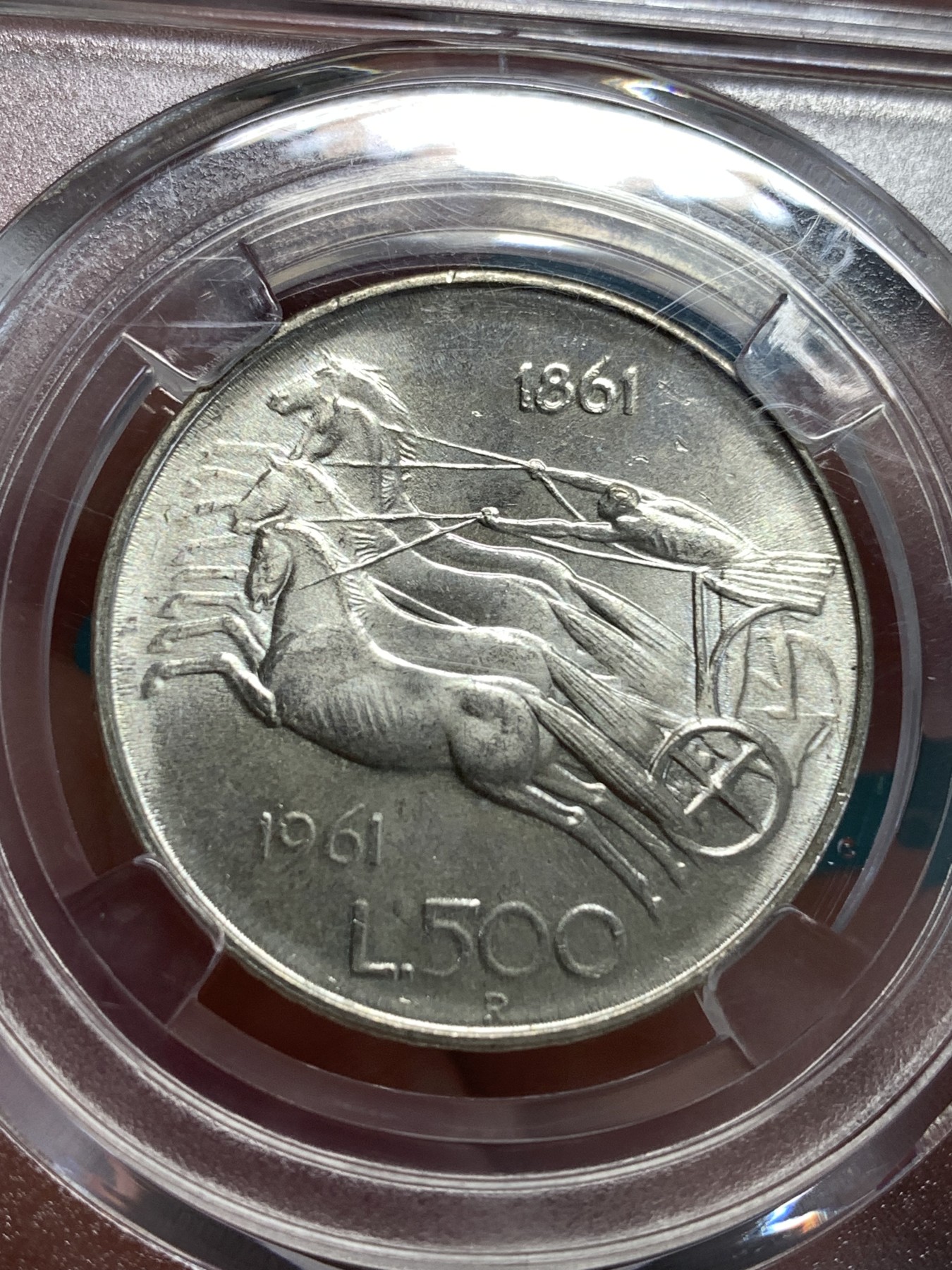 《竞宝斋》第190场-周日，周一 2场 (全场包邮) 保粹MS65 意大利1961年500里拉银币 意大利统一百年纪念