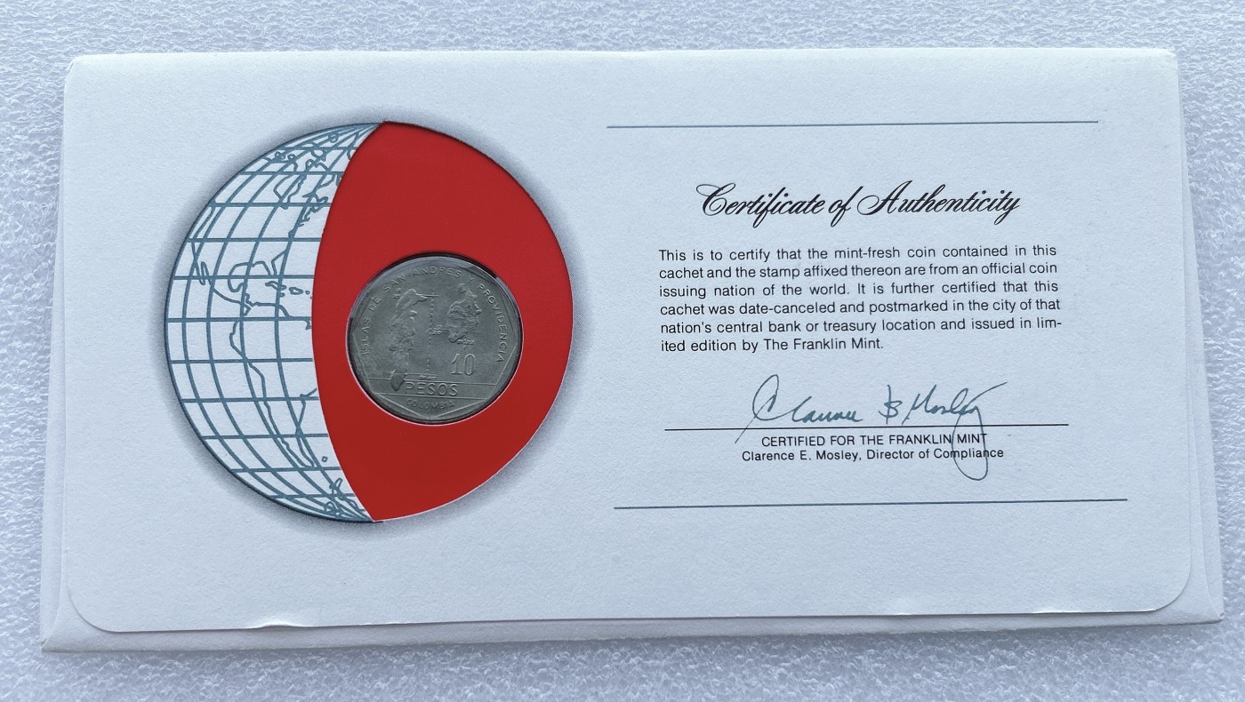 全场一元起拍 富兰克林世界钱币系列-邮币封 第16期 哥伦比亚1981年10比索硬币 邮票首日封