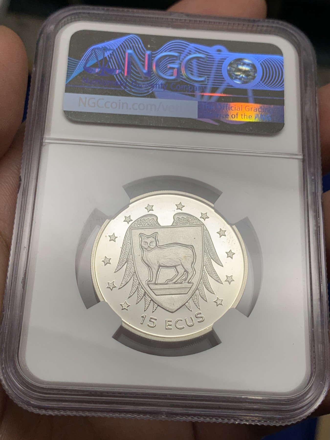 《竞宝斋》第190场-周日，周一 2场 (全场包邮) NGC PF67UC 马恩岛15ECU无尾猫精制纪念银币