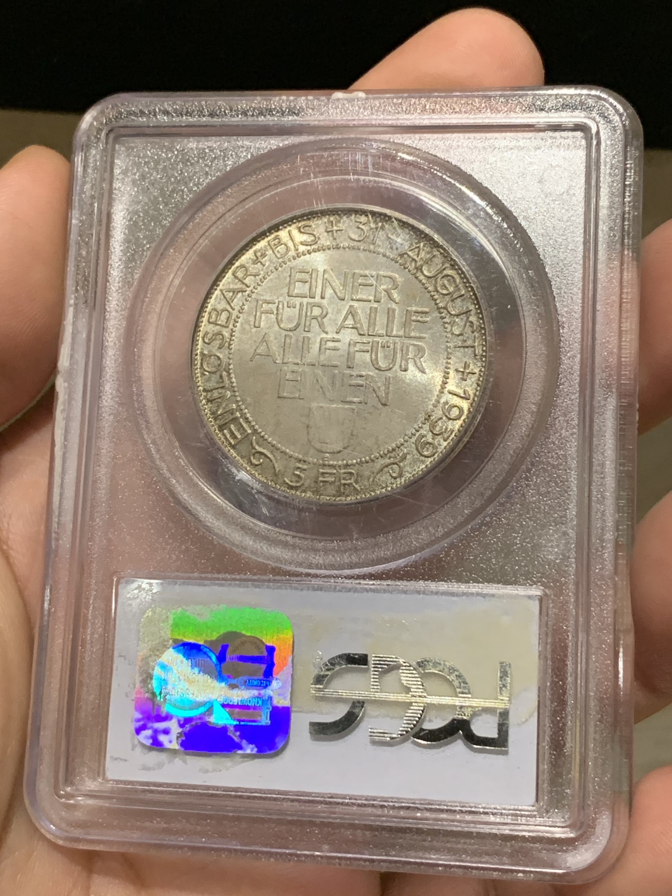 《竞宝斋》第190场-周日，周一 2场 (全场包邮) PCGS-MS66  瑞士1939 射击节银币  5法郎  老盒 发行4万 亚军分 收藏品相 一枚毕业