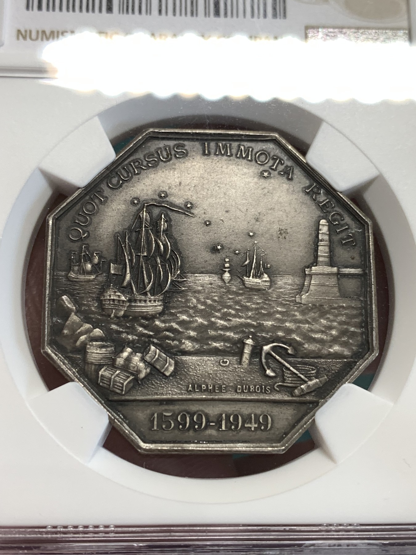 《竞宝斋》第190场-周日，周一 2场 (全场包邮) NGC-MS62 法国1949马赛商会八角银质代币，海景八角