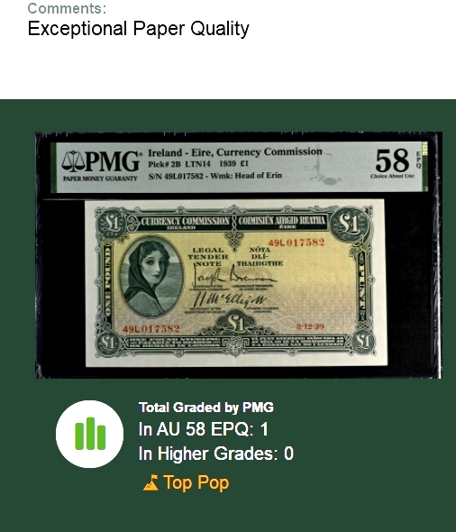 【Blue Auction】✨世界纸币精拍第360期【精】——Irish Free State 【P2B 唯一冠军分 拉弗雷夫人早期珍品】爱尔兰Currency Commission 1939年1镑 PMG58EPQ 原票难得 非后期七八十年代爱尔兰共和国发行版本 49L关门冠 仅发行10万张 亚军分仅45分 只有7个记录 珍罕  