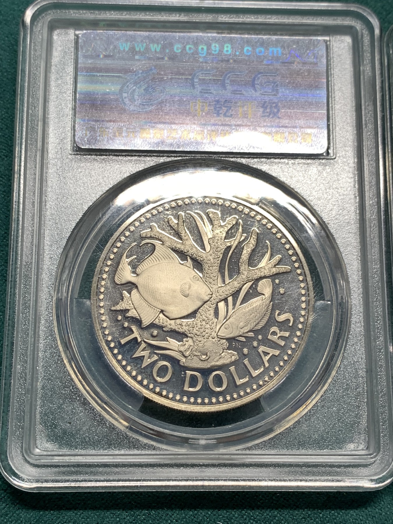 《竞宝斋》第190场-周日，周一 2场 (全场包邮) 2枚一组 1973 年 巴巴多斯 海洋鱼类 2元纪念币 中乾评级+1985 年 新西兰 本土鸟类系列 1元纪念币 闻得评级