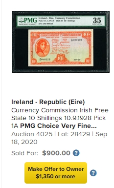 【Blue Auction】✨世界纸币精拍第360期【精】——Irish Free State 【P1Ab 唯一冠军分 拉弗雷夫人初版 珍品 自由与独立的象征】爱尔兰自由邦 1932年10先令 PCGS40EPQ 绿标 原票罕见  Currency Commission Irish Free State发行特定历史产物 非后期七八十年代爱尔兰共和国发行版本 