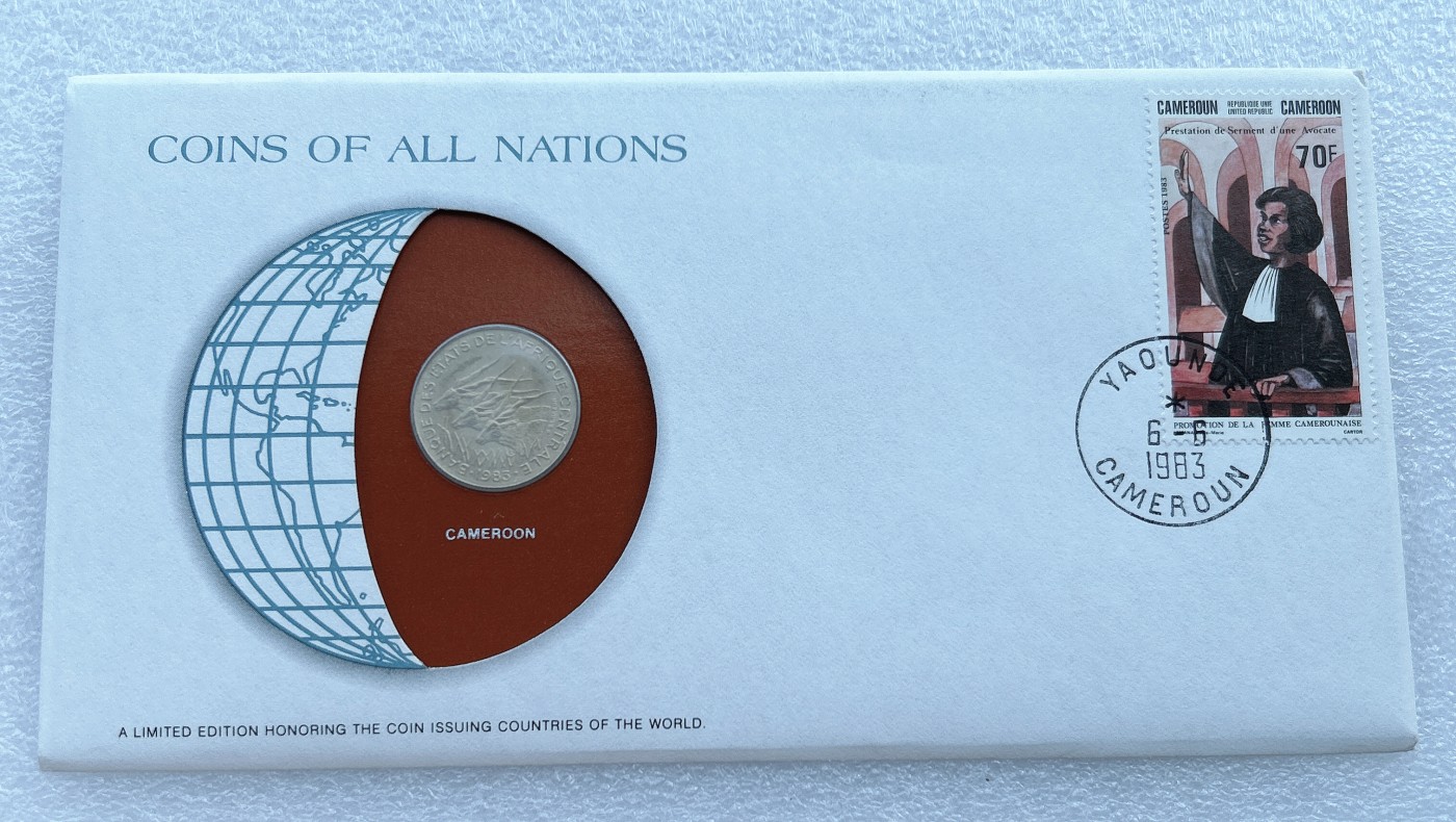 全场一元起拍 富兰克林世界钱币系列-邮币封 第16期 喀麦隆1983年10法朗铜币 邮票纪念封