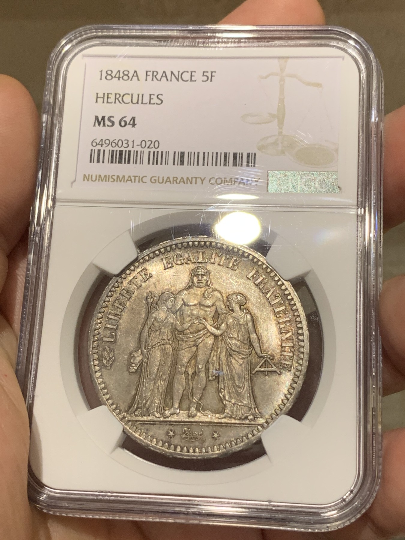 《竞宝斋》第190场-周日，周一 2场 (全场包邮) NGC-MS64 法国 1848A 5法郎 大力神银币 转光+淡紫色包浆 好状态