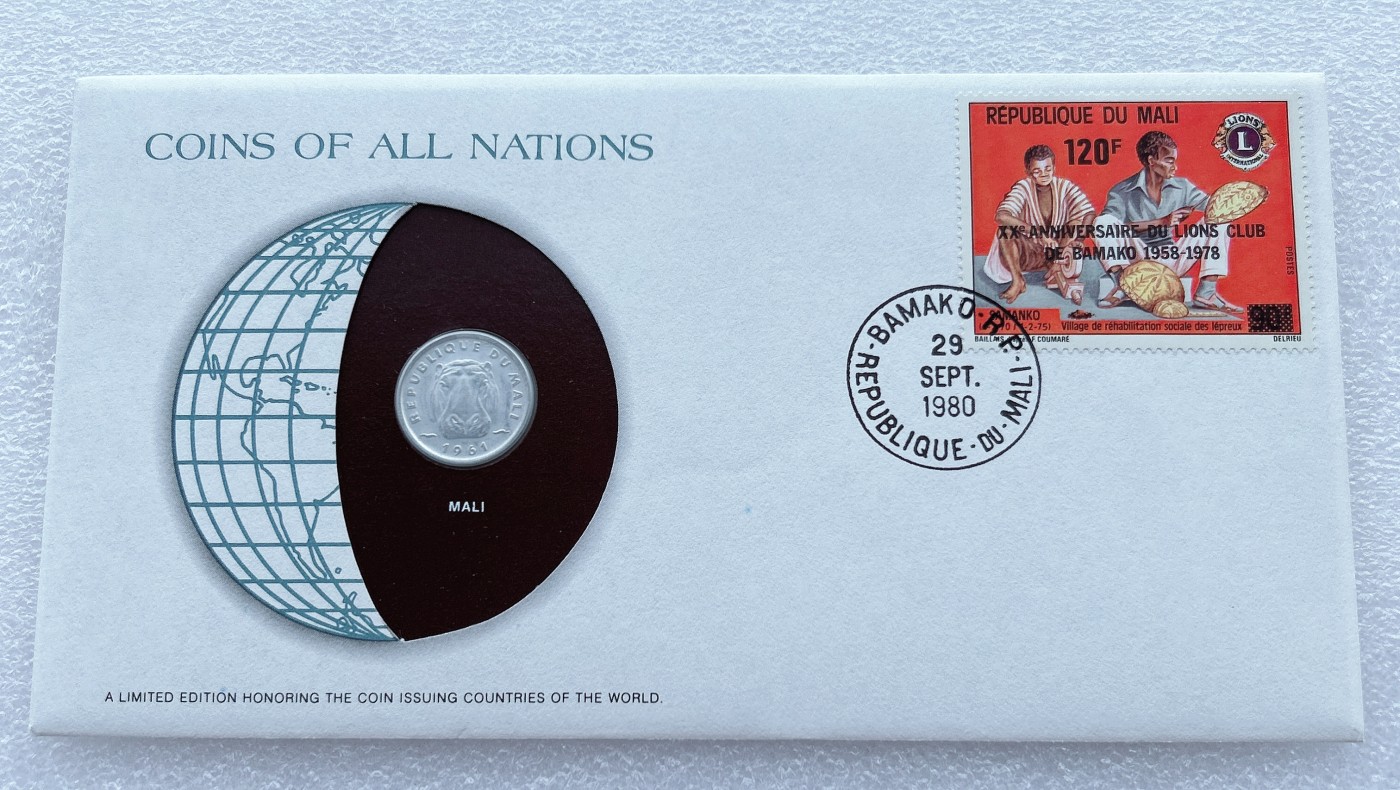 全场一元起拍 富兰克林世界钱币系列-邮币封 第16期 马里共和国1961年5法郎铝币 牛头 邮票纪念封