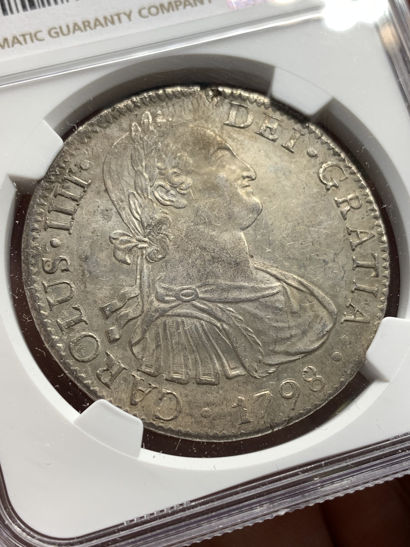 《竞宝斋》第190场-周日，周一 2场 (全场包邮) NGC-MS60 西属墨西哥 卡四 双柱 1798 MO FM 8瑞尔 大银币 外拍疯涨