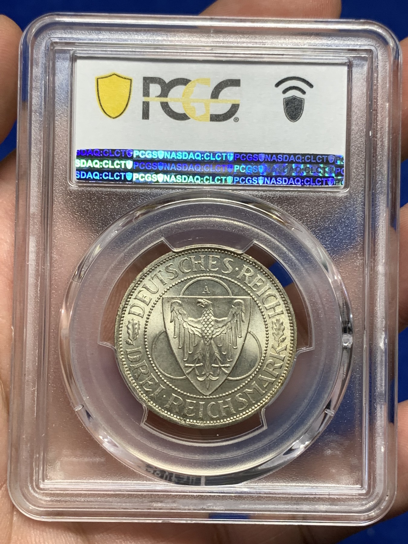 《竞宝斋》第190场-周日，周一 2场 (全场包邮) PCGS MS65 德国魏玛共和国1930年莱茵解放纪念3马克银币 旋转十字光 高分 上部支撑架有小磕