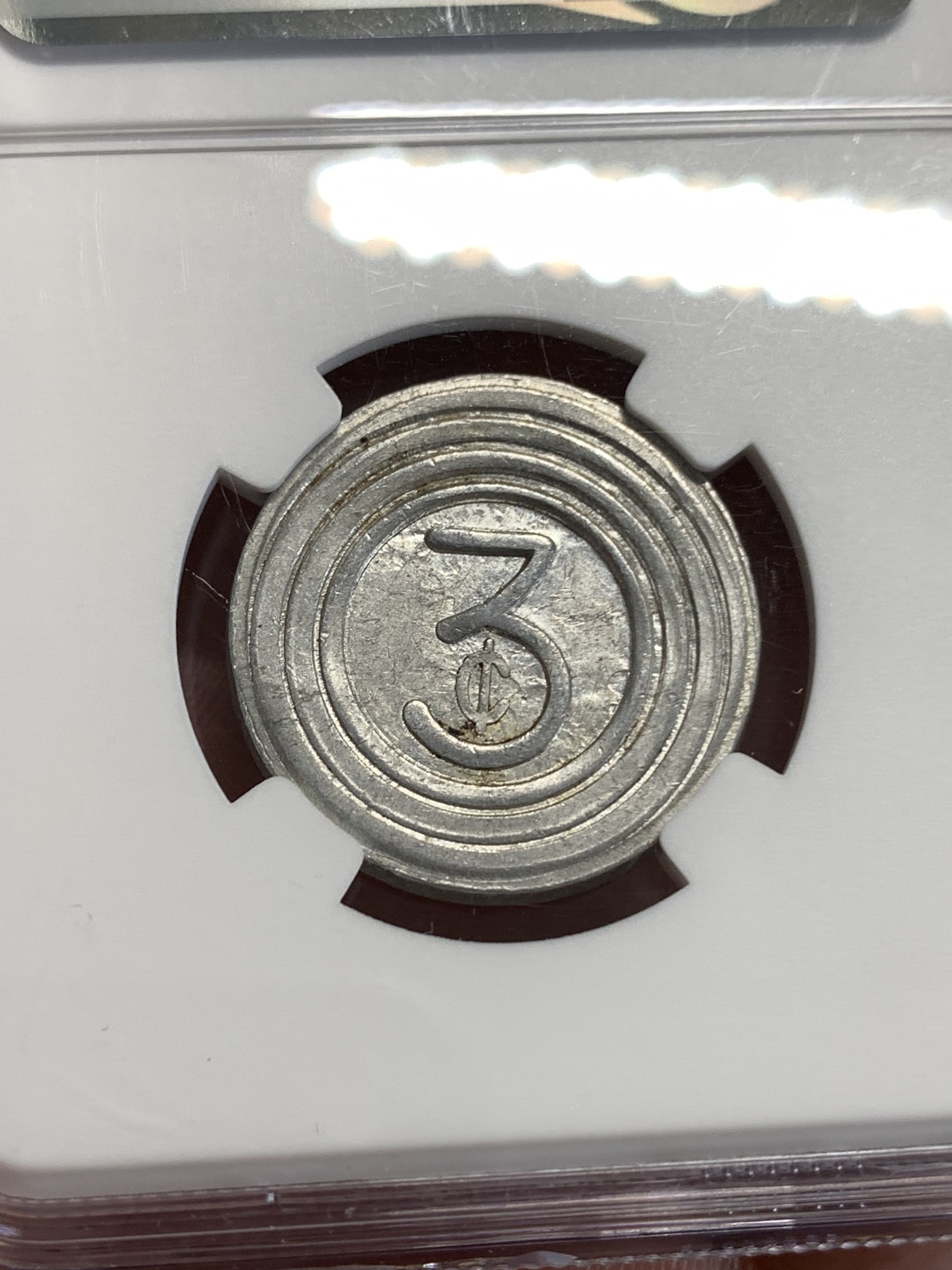 《竞宝斋》第190场-周日，周一 2场 (全场包邮) 1939-1943年 NGC-AU53 上海公交车3分代币 公交车代币里的少见品种 原始状态好品难得