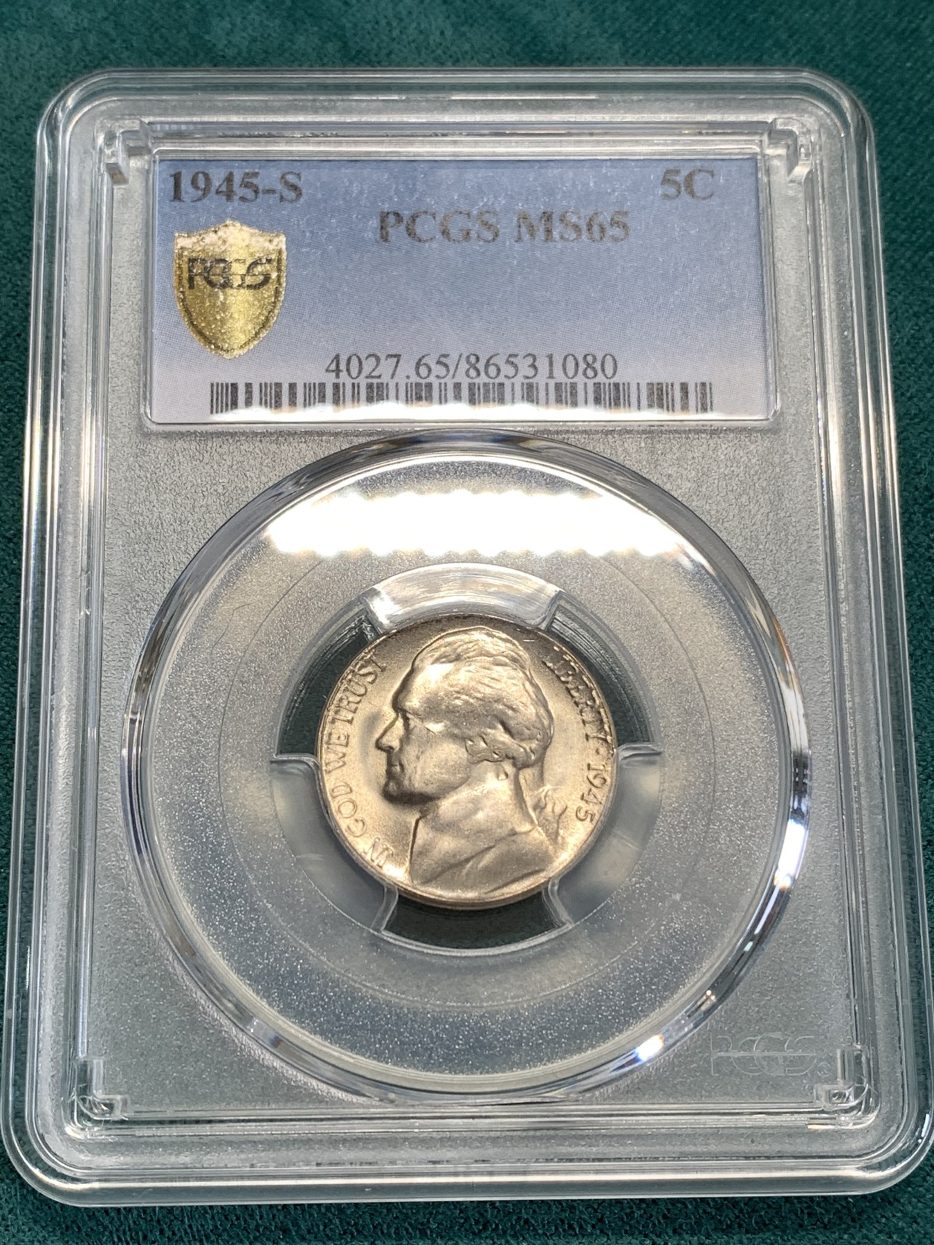 《竞宝斋》第190场-周日，周一 2场 (全场包邮) PCGS-MS65 美国 杰弗逊 1945年 战时5美分 低银版（仅1942-1945年含银，其余皆为镍币）