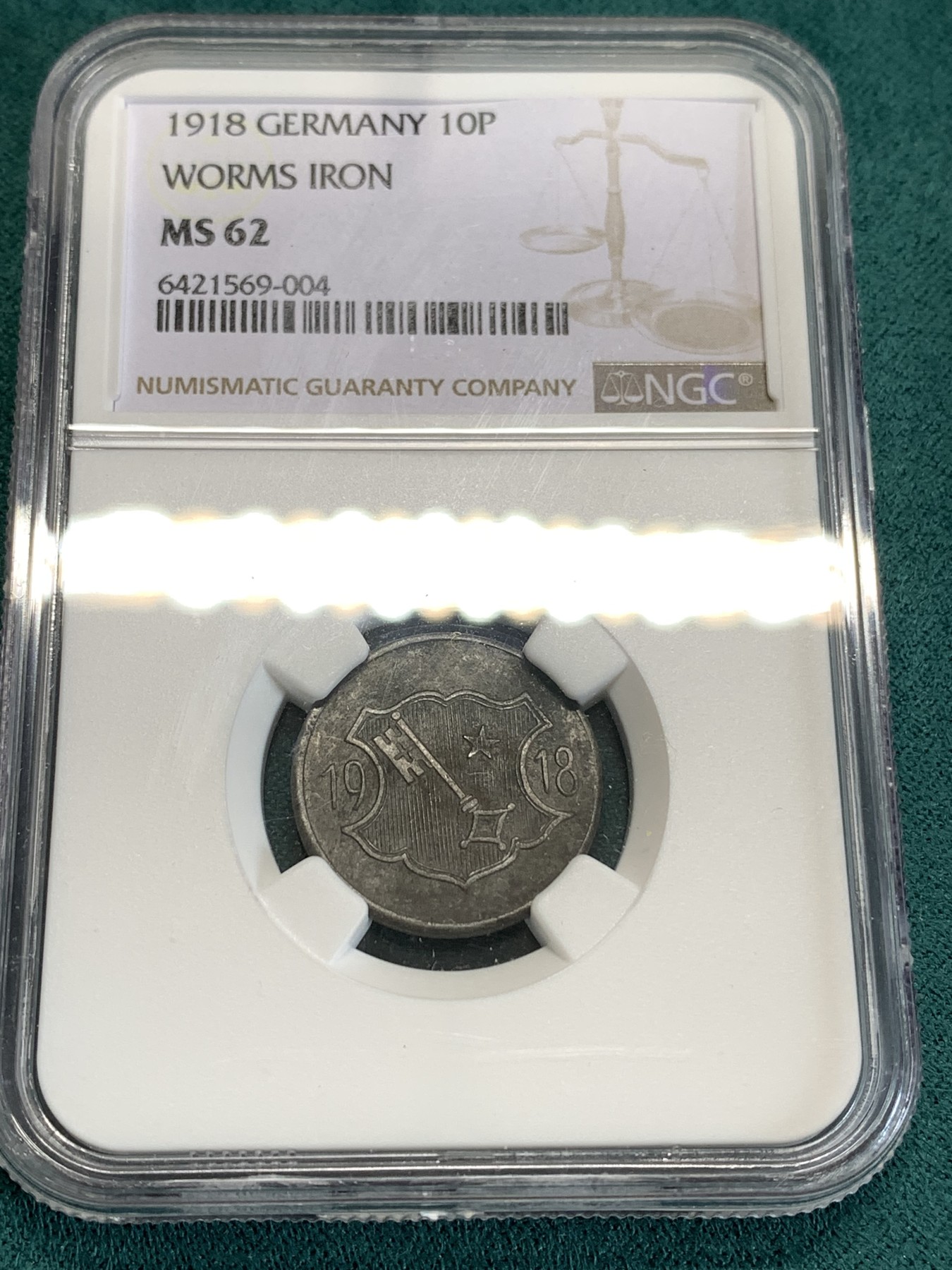 《竞宝斋》第190场-周日，周一 2场 (全场包邮) NGC-MS62 德国1918年德紧沃姆斯10芬尼铁币 两面深打原始包浆十分不易 仅见入盒