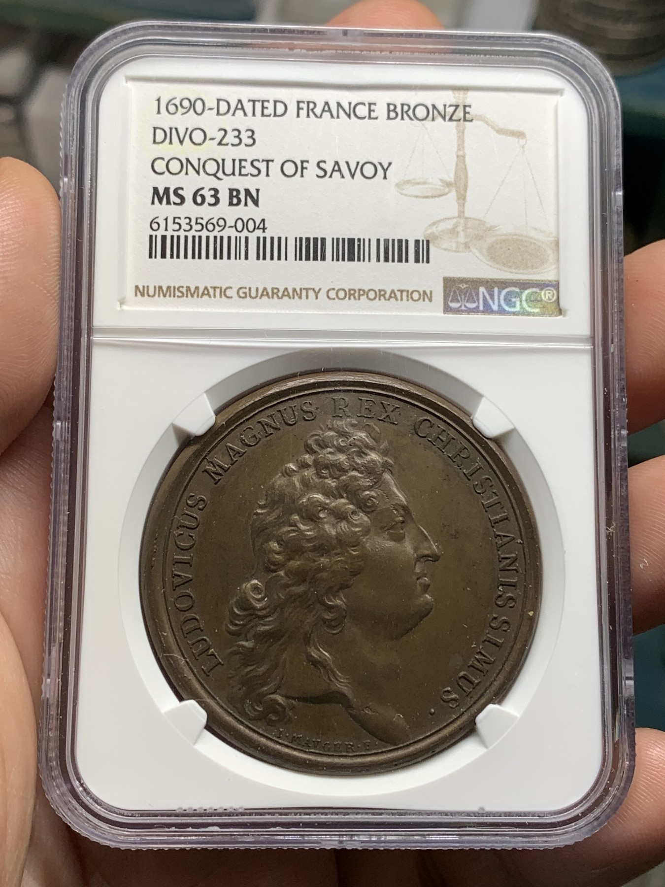 《竞宝斋》第190场-周日，周一 2场 (全场包邮) NGC-MS63 法国1690年路易十四征服萨伏伊 纪念铜章 巧克力包浆 细节很好