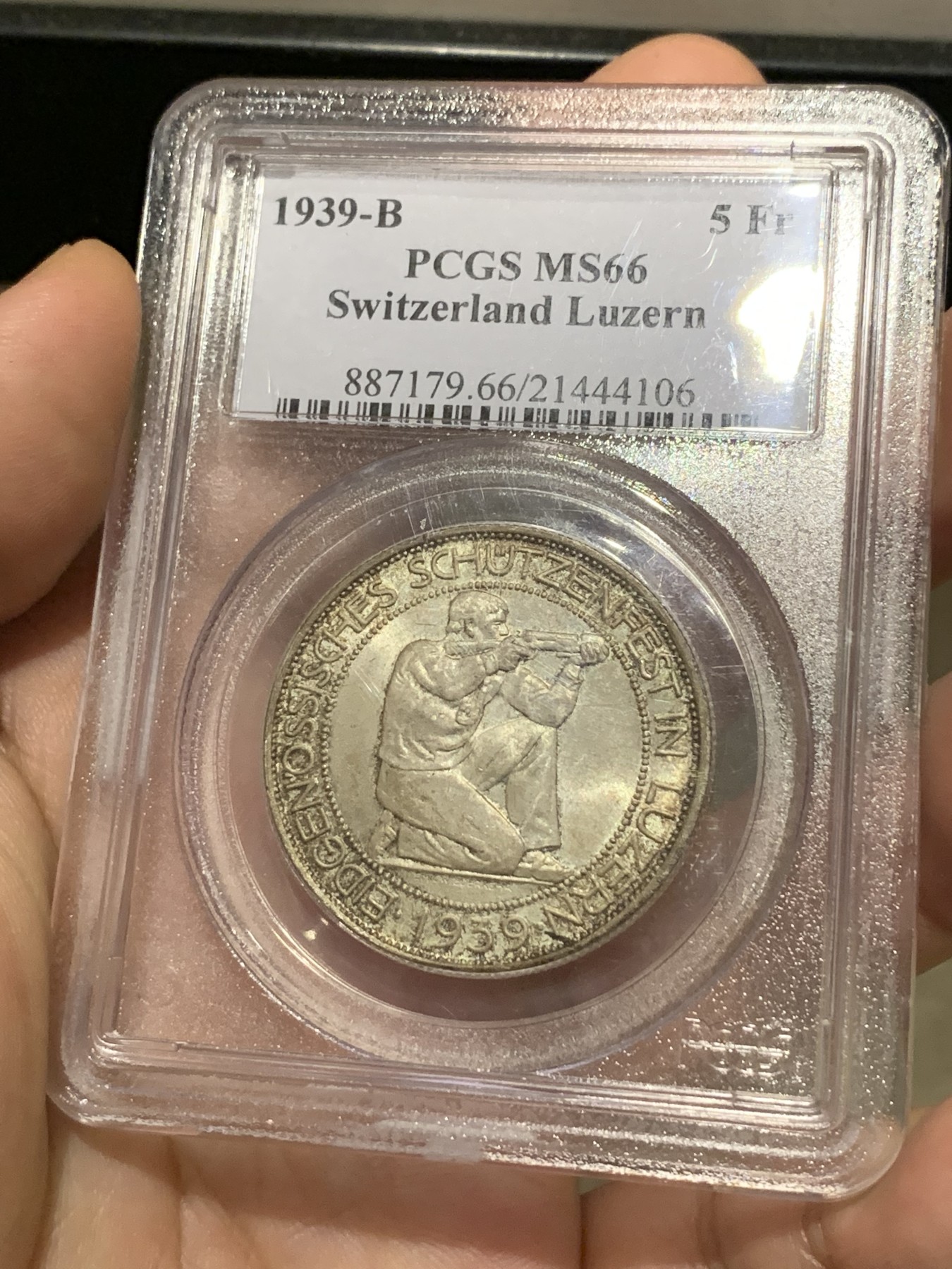 《竞宝斋》第190场-周日，周一 2场 (全场包邮) PCGS-MS66  瑞士1939 射击节银币  5法郎  老盒 发行4万 亚军分 收藏品相 一枚毕业