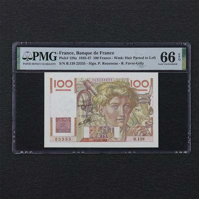 【亘邦集藏】第169期拍卖 - 1945-47年 法国100法郎 PMG 66EPQ B139 23335