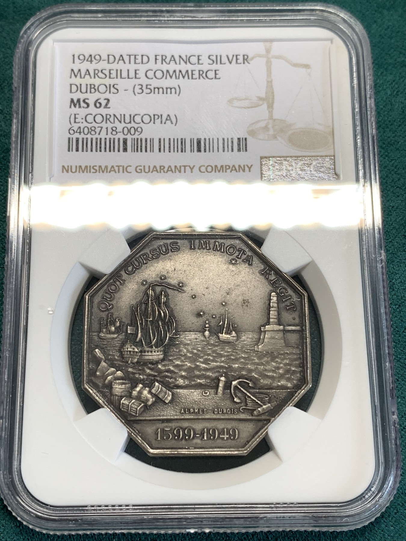 《竞宝斋》第190场-周日，周一 2场 (全场包邮) NGC-MS62 法国1949马赛商会八角银质代币，海景八角