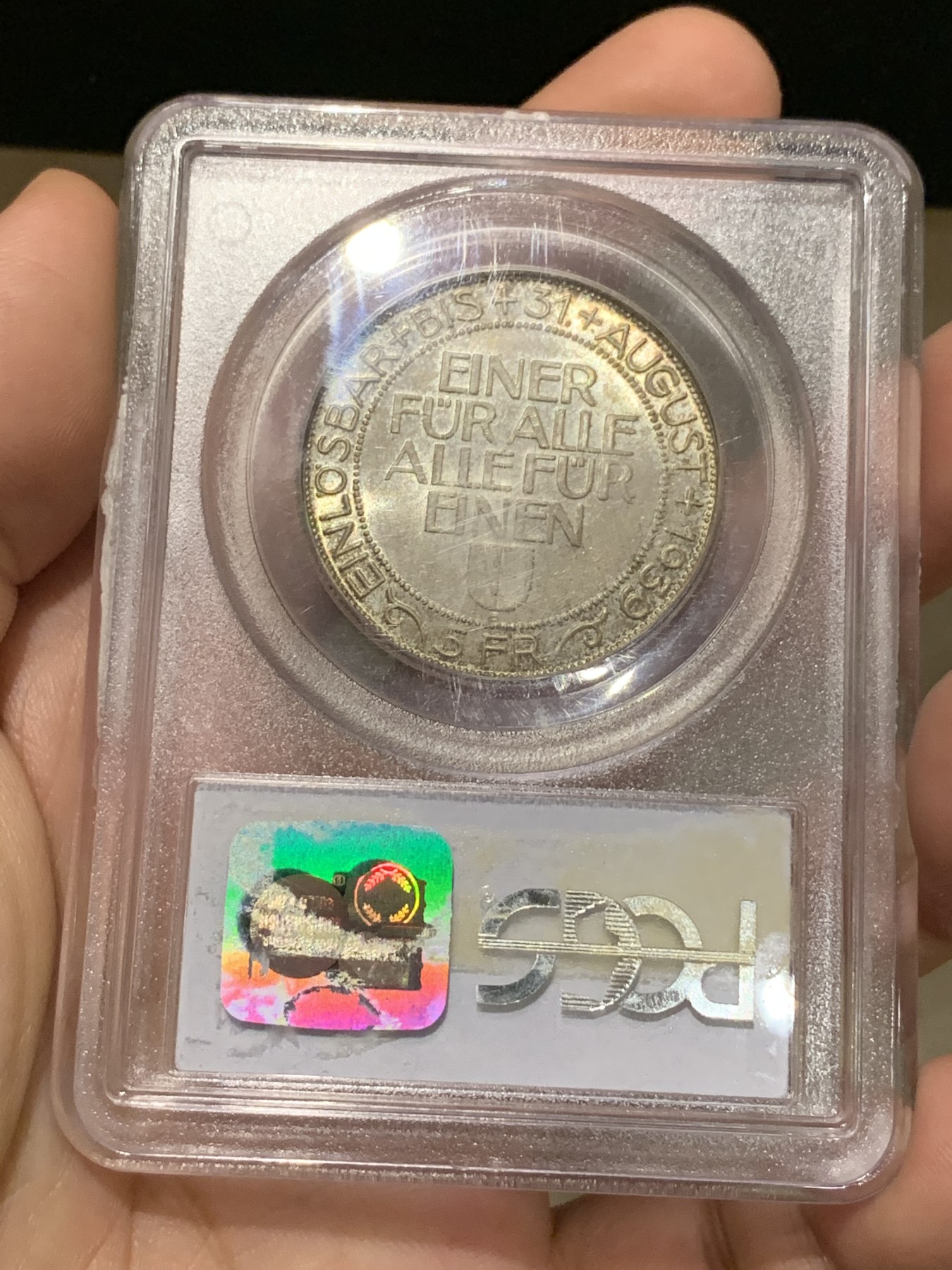 《竞宝斋》第190场-周日，周一 2场 (全场包邮) PCGS-MS66  瑞士1939 射击节银币  5法郎  老盒 发行4万 亚军分 收藏品相 一枚毕业