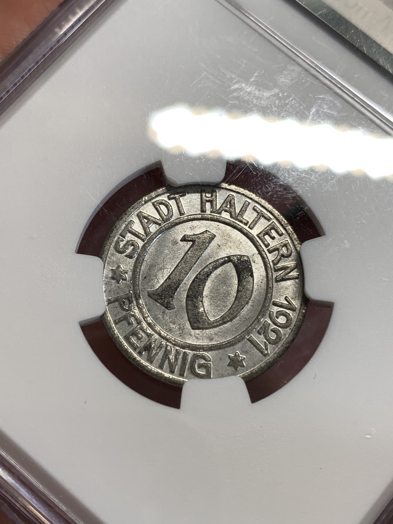 《竞宝斋》第190场-周日，周一 2场 (全场包邮) NGC-MS63   德国1921德紧哈尔腾 10芬妮 铁币  少见品种