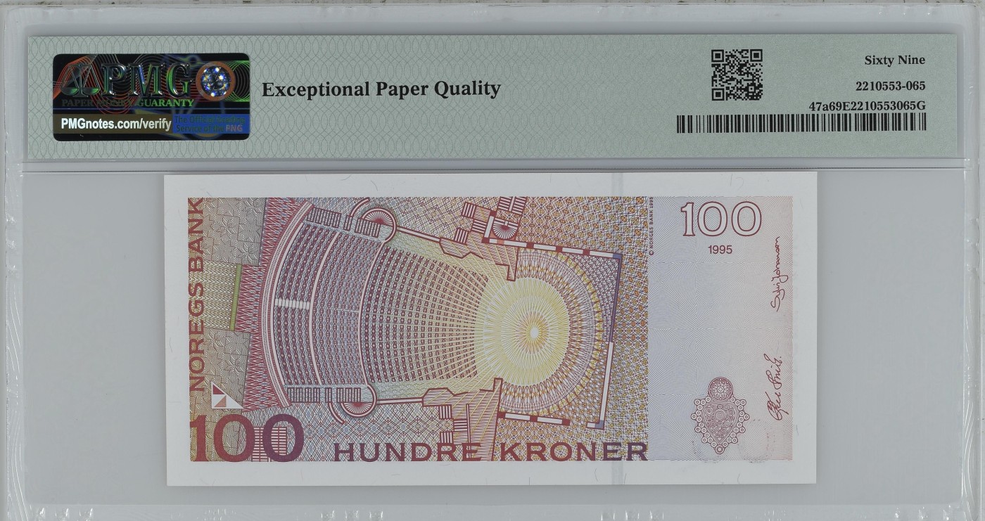 乐淘淘纸币精选 第15期 周五周六连拍第二场 【3202288535】挪威1995年纸币 首版 100克朗 长号无47 PMG69EPQ 唯二冠军分！