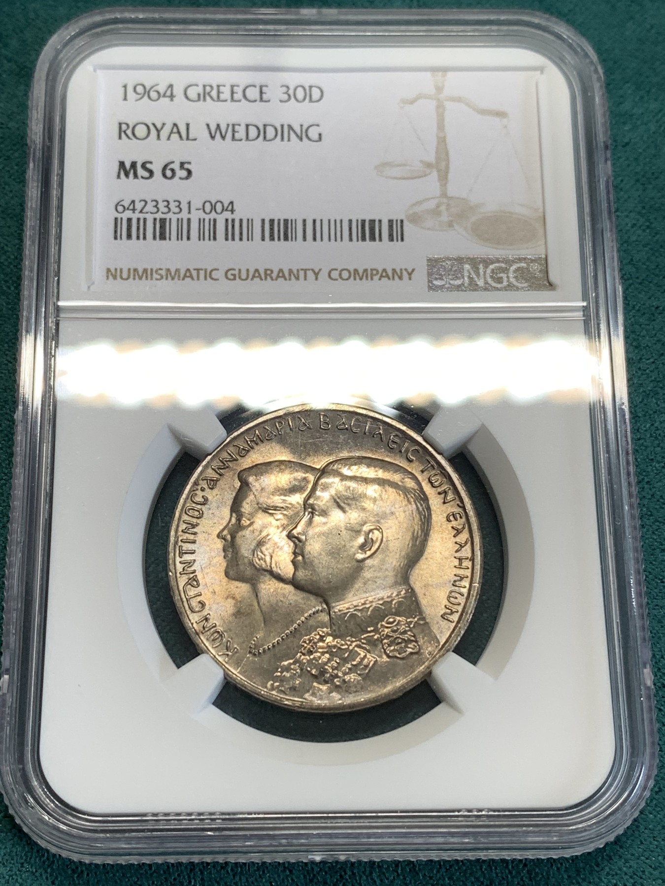 《竞宝斋》第190场-周日，周一 2场 (全场包邮) NGC-MS65 希腊1964国王婚礼30德拉克马银币，小字版