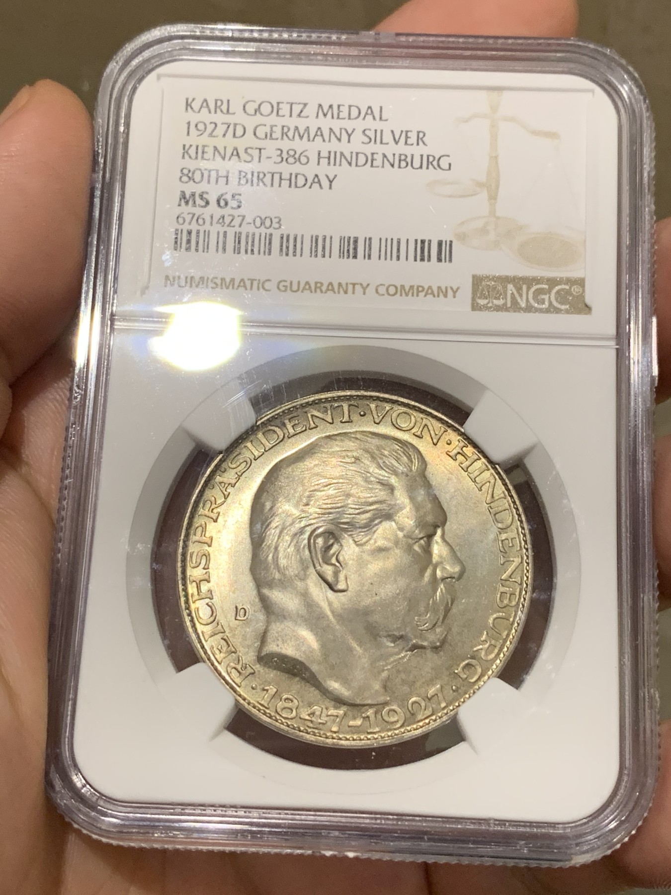 《竞宝斋》第190场-周日，周一 2场 (全场包邮) NGC-MS65 德国 魏玛 兴登堡八十大寿5马克币型银章 卡尔哥茨的经典设计 丝绸转光 淡黄色包浆