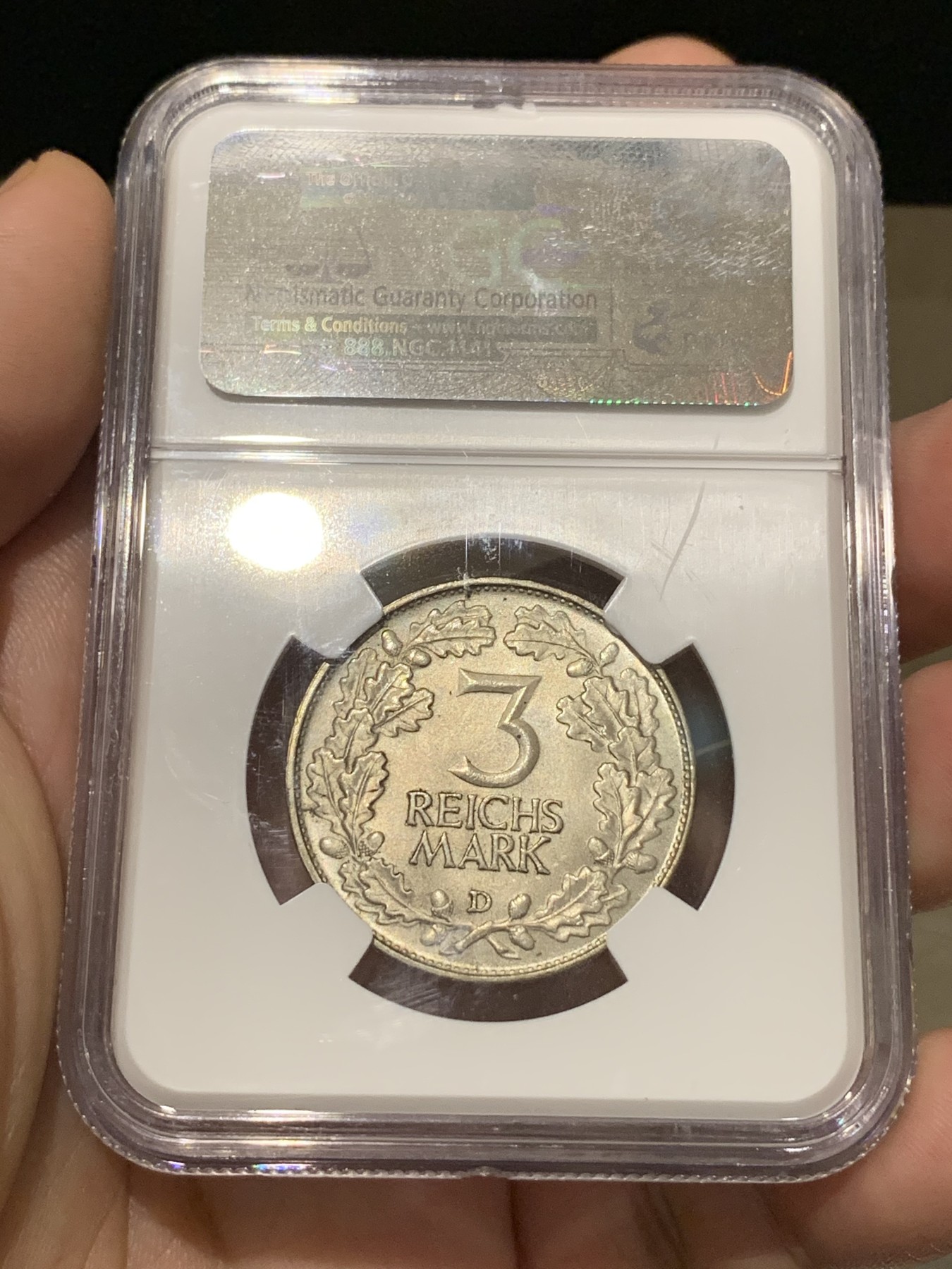 《竞宝斋》第190场-周日，周一 2场 (全场包邮) NGC-MS66 德国魏玛时期 1925 莱茵兰千年 纪念 3马克银币 原味包浆，少见的品种，高分不容易