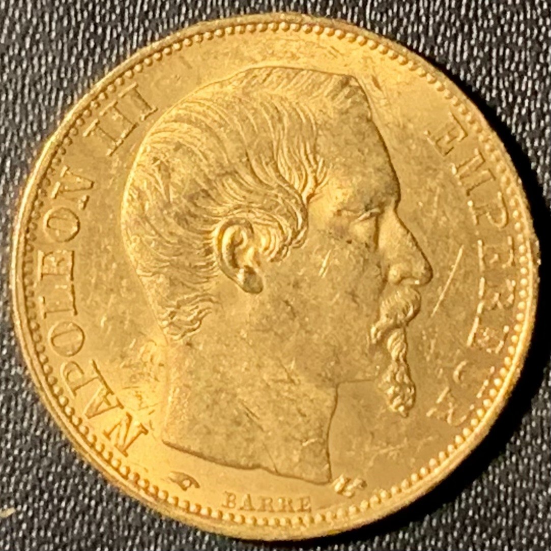 紫瑗钱币——第296期拍卖 法国 1859年 BB版 拿破仑 光头 20法郎 6.45克 0.9金