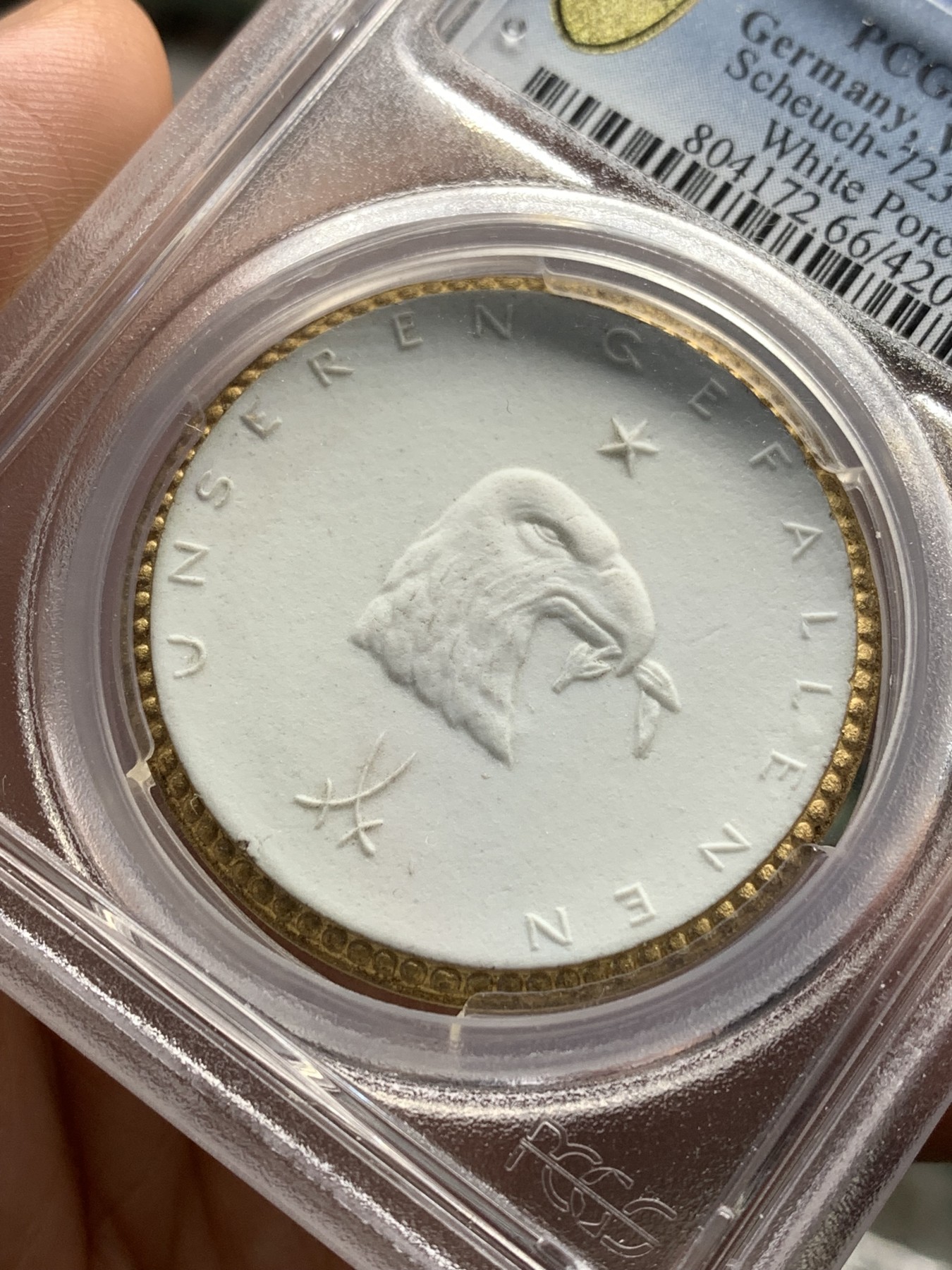 《竞宝斋》第190场-周日，周一 2场 (全场包邮) PCGS-MS66 德国1922年德累斯顿一战陶瓷章 陶瓷描金！P盒冠军分！非常漂亮