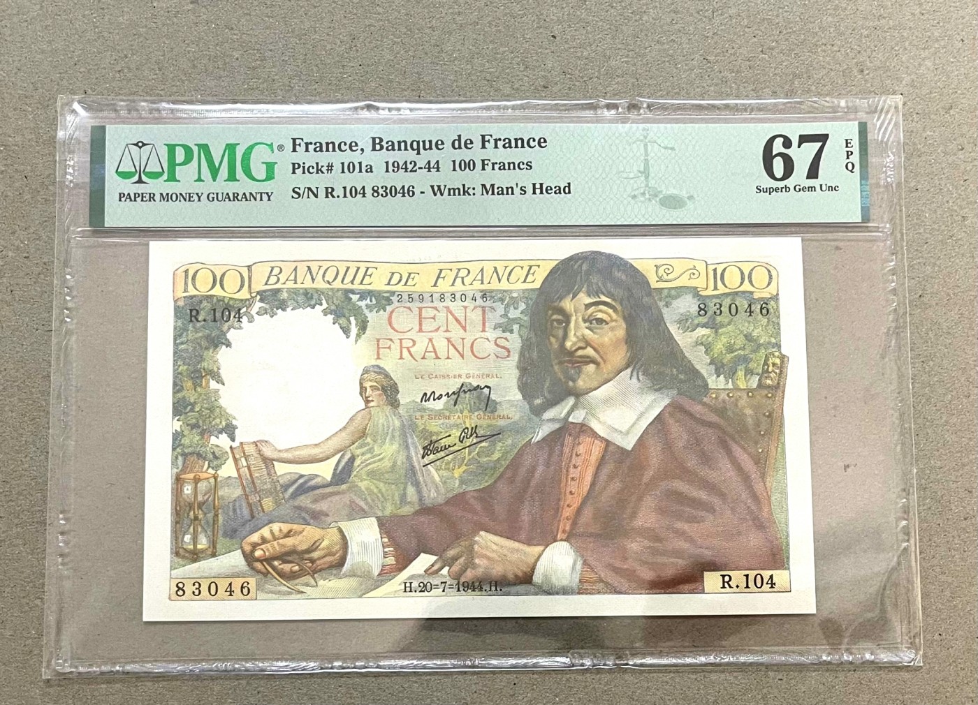 【Blue Auction】✨世界纸币精拍第360期【精】——Irish Free State 【亚军分】法国 1944年100法郎 经典笛卡尔 PMG67EPQ 高分少见 